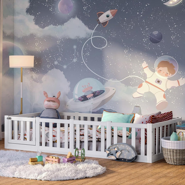 Bellabino Montessori Kinderbodenbett Kiefer Massivholz mit Rausfallschutz & Lattenrost