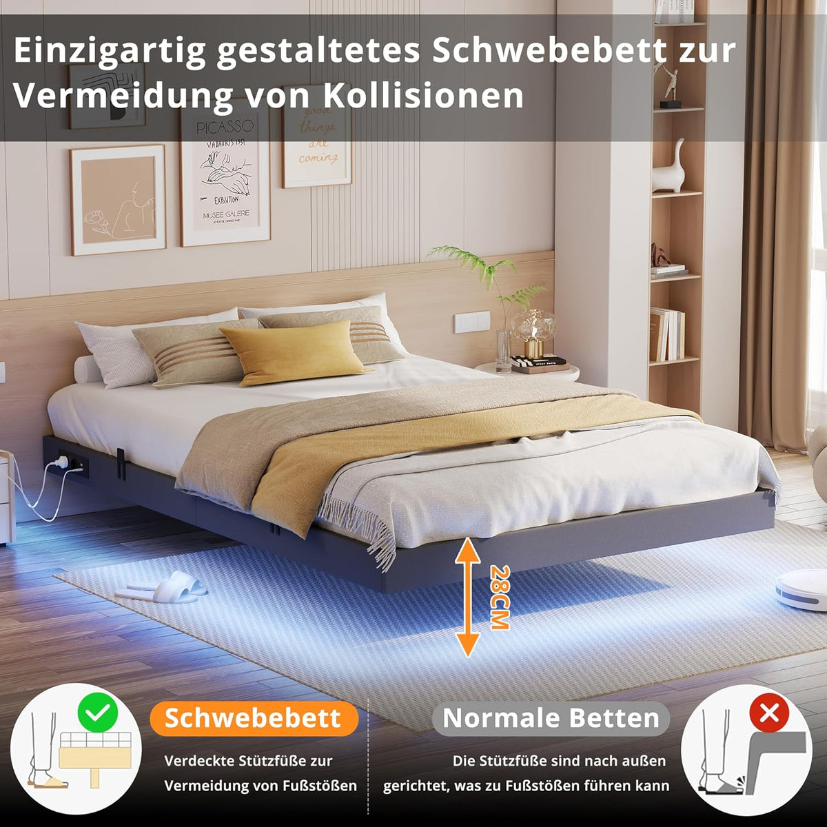 IRONCK Bettrahmen mit LED & Ladestation – Floating Bed, Metallrahmen, gepolstert