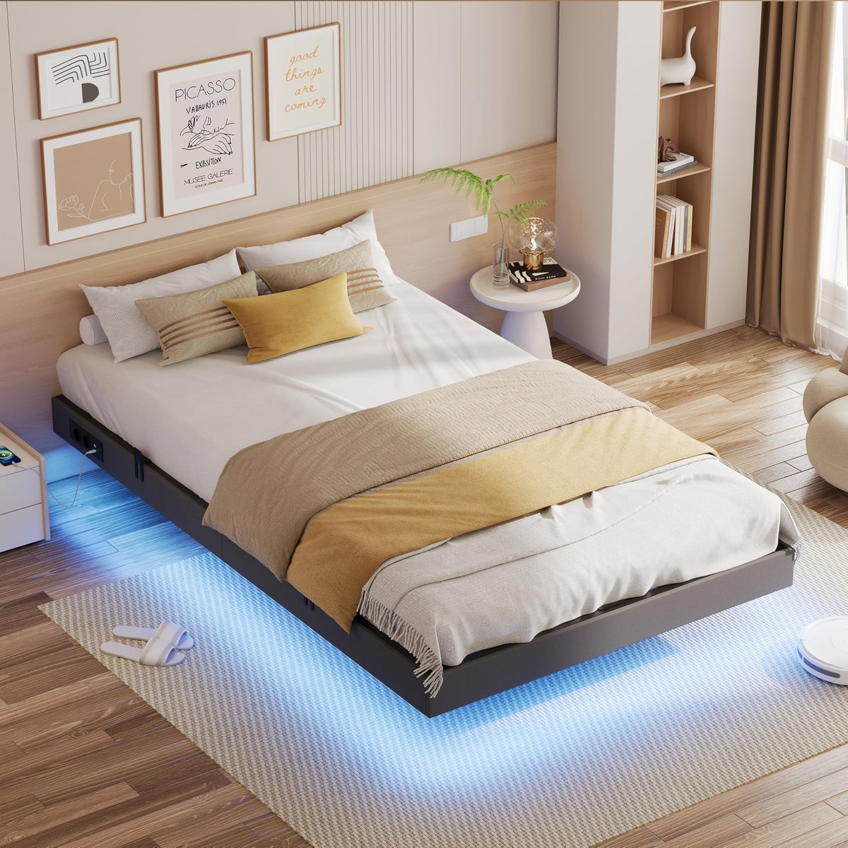 IRONCK Bettrahmen mit LED & Ladestation – Floating Bed, Metallrahmen, gepolstert