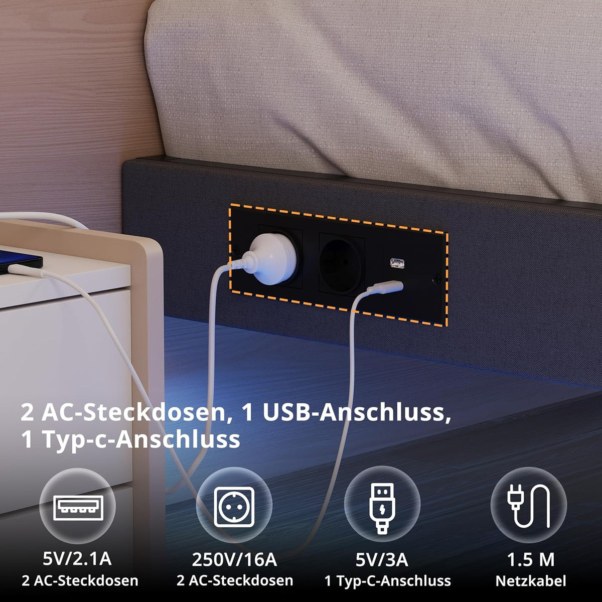 IRONCK Bettrahmen mit LED & Ladestation – Floating Bed, Metallrahmen, gepolstert