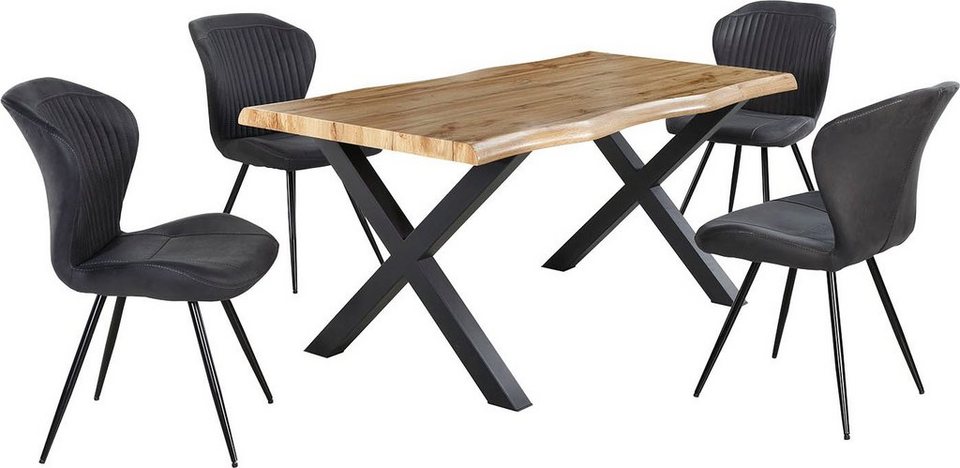 Esstisch Marlon mit Baumkantenoptik – Holzwerkstoff-Tischplatte, Metallgestell Schwarz, X-Form, Modern