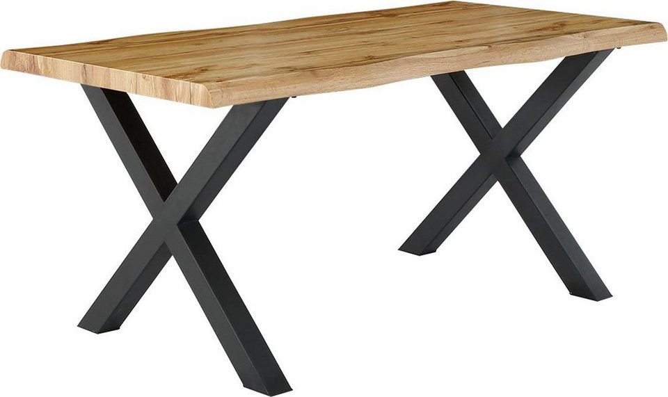 Esstisch Marlon mit Baumkantenoptik – Holzwerkstoff-Tischplatte, Metallgestell Schwarz, X-Form, Modern