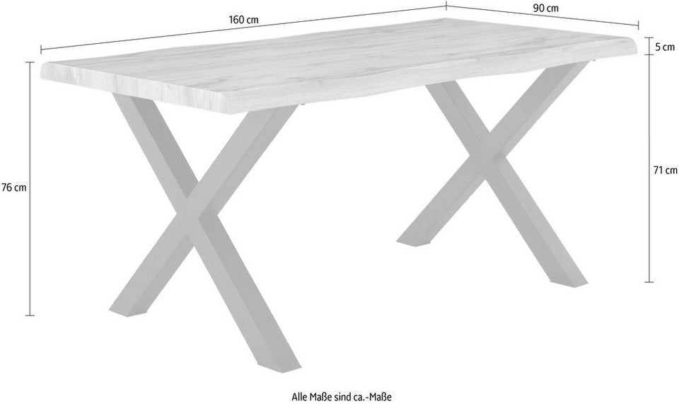 Esstisch Marlon mit Baumkantenoptik – Holzwerkstoff-Tischplatte, Metallgestell Schwarz, X-Form, Modern