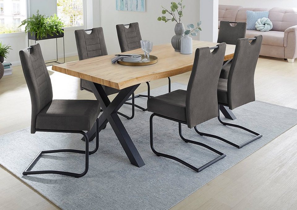 Esstisch Marlon mit Baumkantenoptik – Holzwerkstoff-Tischplatte, Metallgestell Schwarz, X-Form, Modern