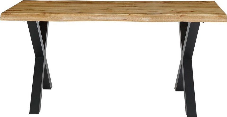 Esstisch Marlon mit Baumkantenoptik – Holzwerkstoff-Tischplatte, Metallgestell Schwarz, X-Form, Modern